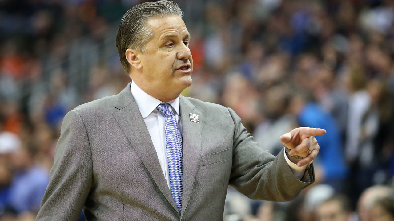 KANSAS CITY, MO - MARCH 31: Kentucky Wildcats head coach John Calipari in the first half of the NCAA Midwest Regional Final game between the Auburn Tigers and Kentucky Wildcats on March 31, 2019 at Sprint Center in Kansas City, MO.