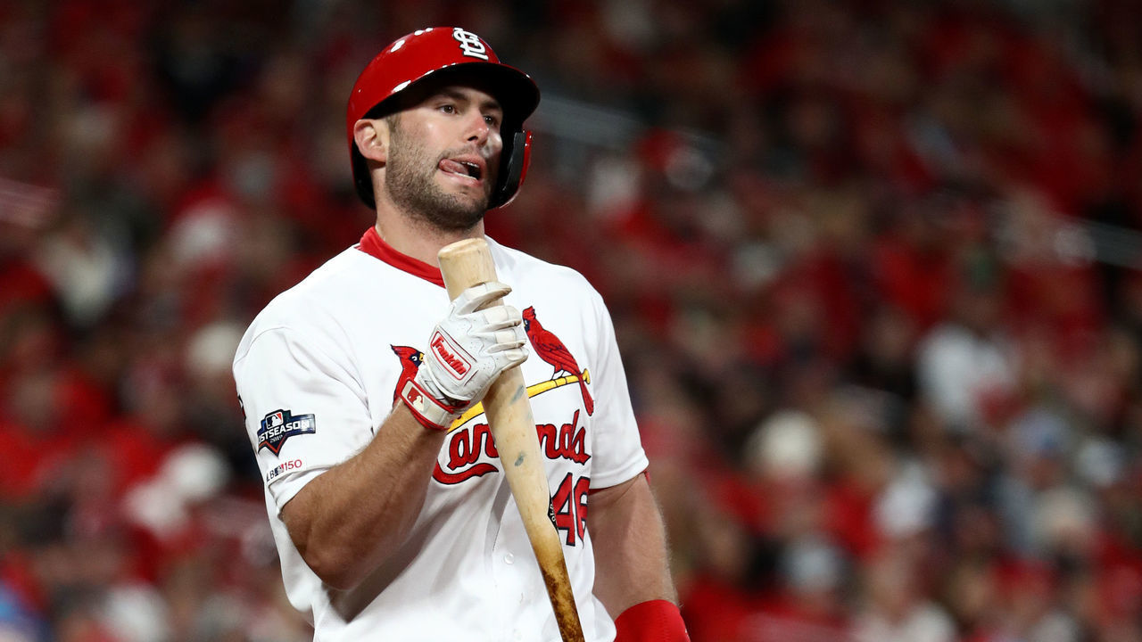 ST LOUIS, MISSOURI - OCTOBER 11: Paul Goldschmidt #46 of the St. Louis Cardinals reacts against the Washington Nationals during the first inning in game one of the National League Championship Series at Busch Stadium on October 11, 2019 in St Louis, Missouri.