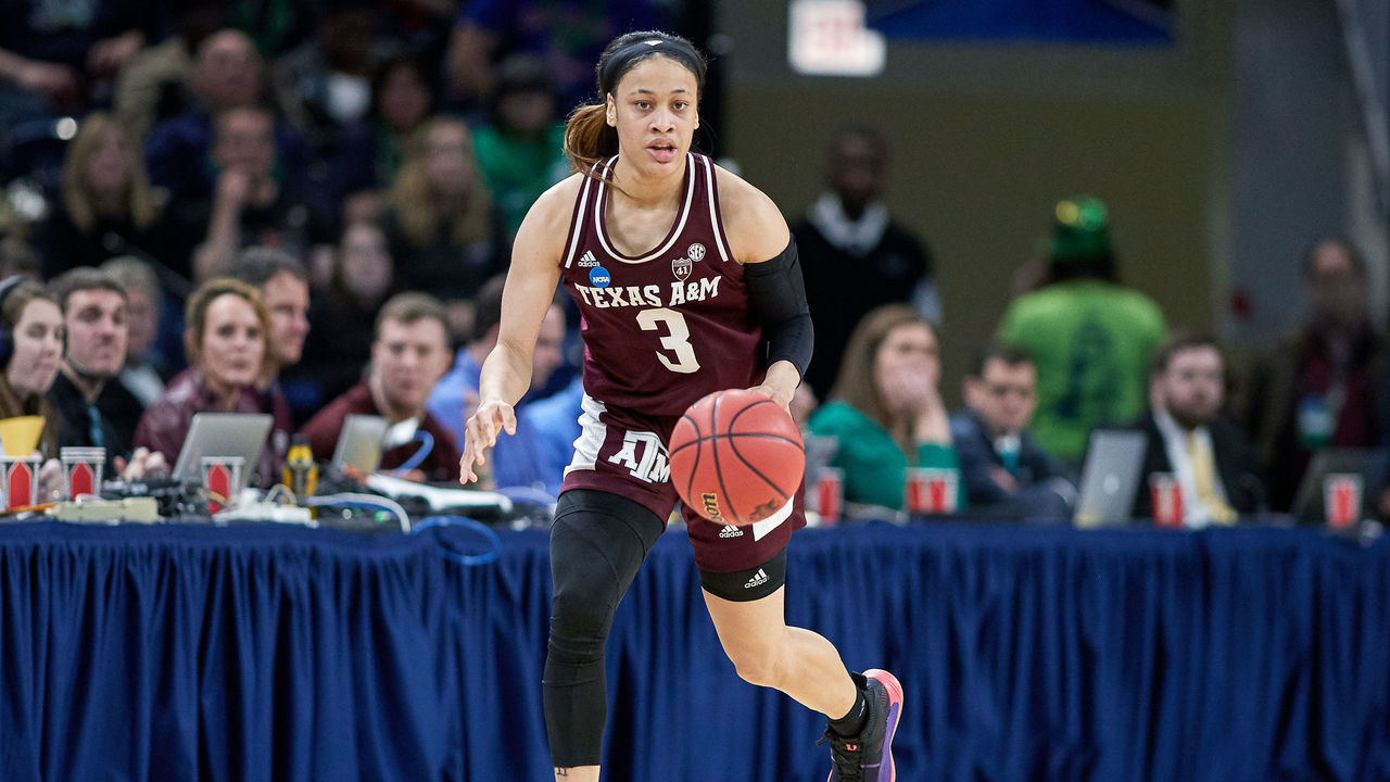 CHICAGO, IL - MARCH 30: Texas A&M Aggies guard Chennedy Carter (3) dribbles the ball in game action during the Women's NCAA Division I Championship - Third Round game between the Notre Dame Fighting Irish and the Texas A&M Aggies on March 30, 2019 at the Wintrust Arena in Chicago, IL.