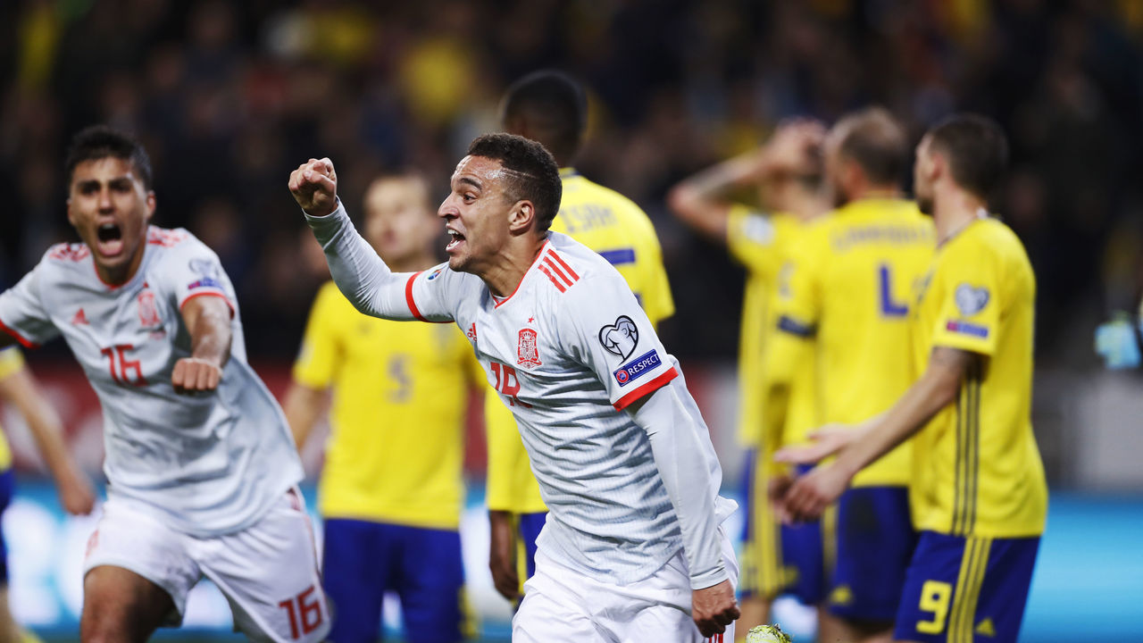SOLNA, SWEDEN - OCTOBER 15: Rodrigo of Spain celebrates after scoring to 1-1 during the UEFA Euro 2020 qualifier between Sweden and Spain at Friends arena on October 15, 2019 in Solna, Sweden.