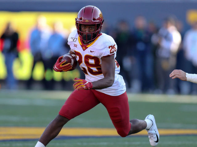 MORGANTOWN, WV - OCTOBER 12: Iowa State Cyclones running back Breece Hall (28) carries the football during the second quarter of the college football game between the Iowa State Cyclones and the West Virginia Mountaineers on October 12, 2019, at Mountaineer Field at Milan Puskar Stadium in Morgantown, WV.