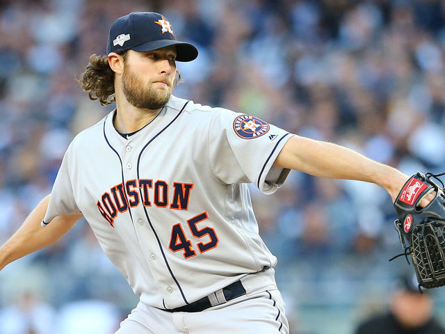 NEW YORK, NEW YORK - OCTOBER 15: Gerrit Cole #45 of the Houston Astros pitches during the second inning against the New York Yankees in game three of the American League Championship Series at Yankee Stadium on October 15, 2019 in New York City.