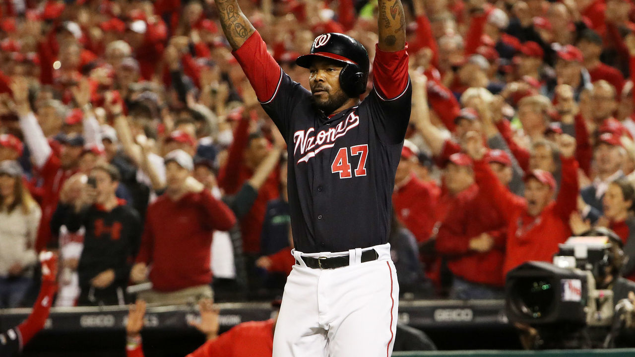 WASHINGTON, DC - OCTOBER 15: Howie Kendrick #47 of the Washington Nationals celebrates a run by Ryan Zimmerman #11 in the first inning against the St. Louis Cardinals during game four of the National League Championship Series at Nationals Park on October 15, 2019 in Washington, DC.