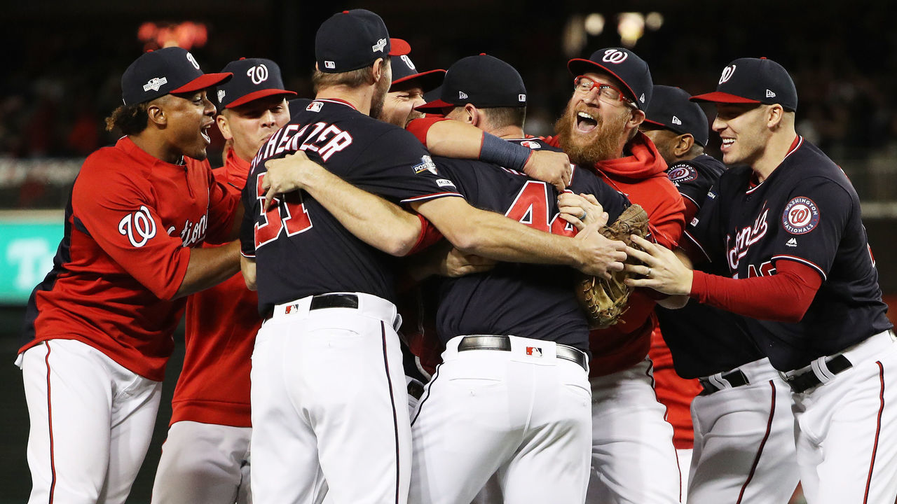 WASHINGTON, DC - OCTOBER 15: The Washington Nationals celebrate winning game four and the National League Championship Series against the St. Louis Cardinals at Nationals Park on October 15, 2019 in Washington, DC.