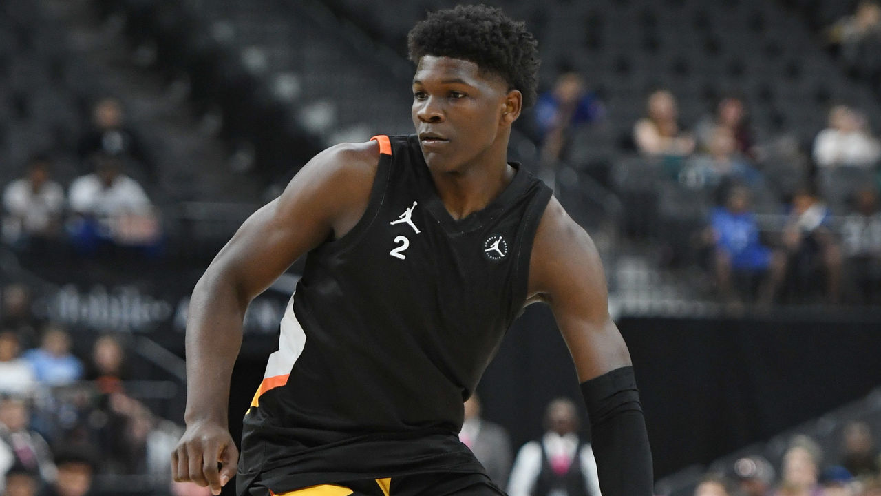 LAS VEGAS, NEVADA - APRIL 20: Anthony Edwards #2 brings the ball up the court during the Jordan Brand Classic boys high school all-star basketball game at T-Mobile Arena on April 20, 2019 in Las Vegas, Nevada.
