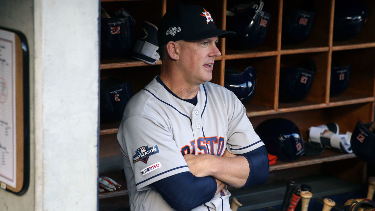 BRONX, NY - OCTOBER 15: Houston Astros manager AJ Hinch #14 looks on from the dugout prior to Game 3 of the ALCS between the Houston Astros and the New York Yankees at Yankee Stadium on Tuesday, October 15, 2019 in the Bronx borough of New York City.