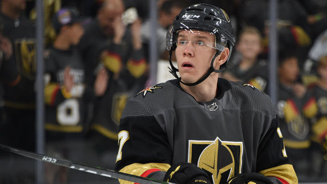 LAS VEGAS, NEVADA - OCTOBER 02: Valentin Zykov #7 of the Vegas Golden Knights warms up prior to a game against the San Jose Sharks at T-Mobile Arena on October 02, 2019 in Las Vegas, Nevada.