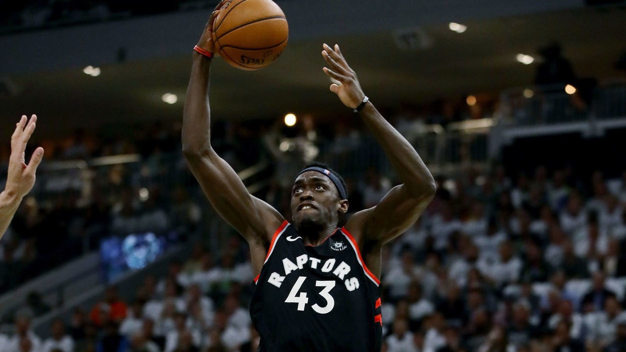 MILWAUKEE, WISCONSIN - MAY 15: Pascal Siakam #43 of the Toronto Raptors dunks the ball in the first quarter against the Milwaukee Bucks in Game One of the Eastern Conference Finals of the 2019 NBA Playoffs at the Fiserv Forum on May 15, 2019 in Milwaukee, Wisconsin.