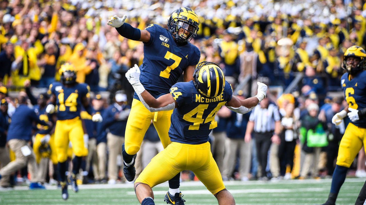 ANN ARBOR, MI - OCTOBER 05: Michigan Wolverines linebacker Cameron McGrone (44) celebrates a sack with Michigan Wolverines linebacker Khaleke Hudson (7) during the Michigan Wolverines versus Iowa Hawkeyes game on Saturday October 5, 2019 at Michigan Stadium in Ann Arbor, MI.