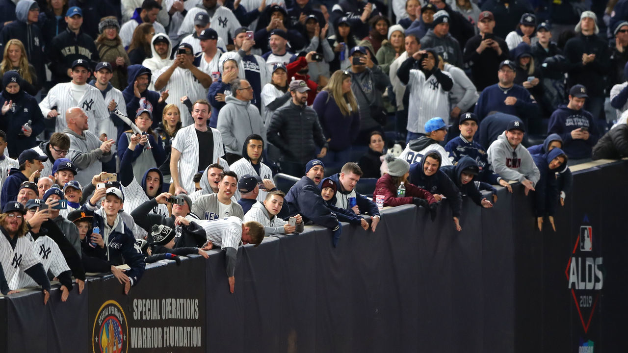 BRONX, NY - OCTOBER 05: Yankees fans cheer during the ALDS Game 2 between the Minnesota Twins and the New York Yankees at Yankee Stadium on Saturday, October 5, 2019 in the Bronx borough of New York City.