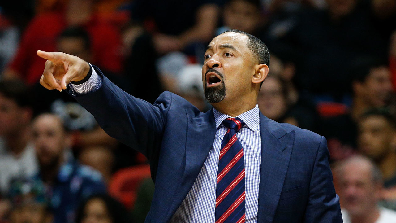 MIAMI, FL - NOVEMBER 12: Assistant coach Juwan Howard of the Miami Heat in action against the Philadelphia 76ers during the second half at American Airlines Arena on November 12, 2018 in Miami, Florida.