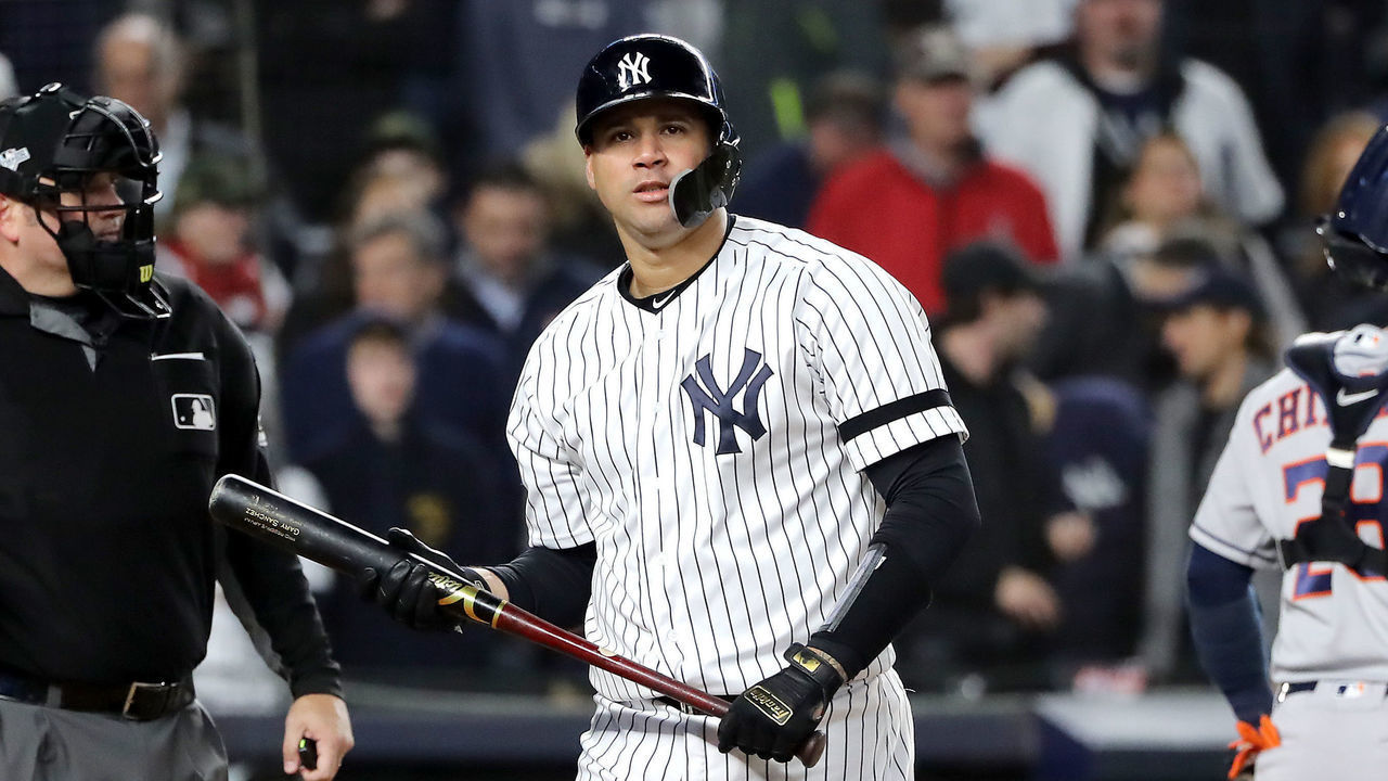 NEW YORK, NEW YORK - OCTOBER 17: Gary Sanchez #24 of the New York Yankees reacts after striking out against the Houston Astros during the first inning in game four of the American League Championship Series at Yankee Stadium on October 17, 2019 in New York City.