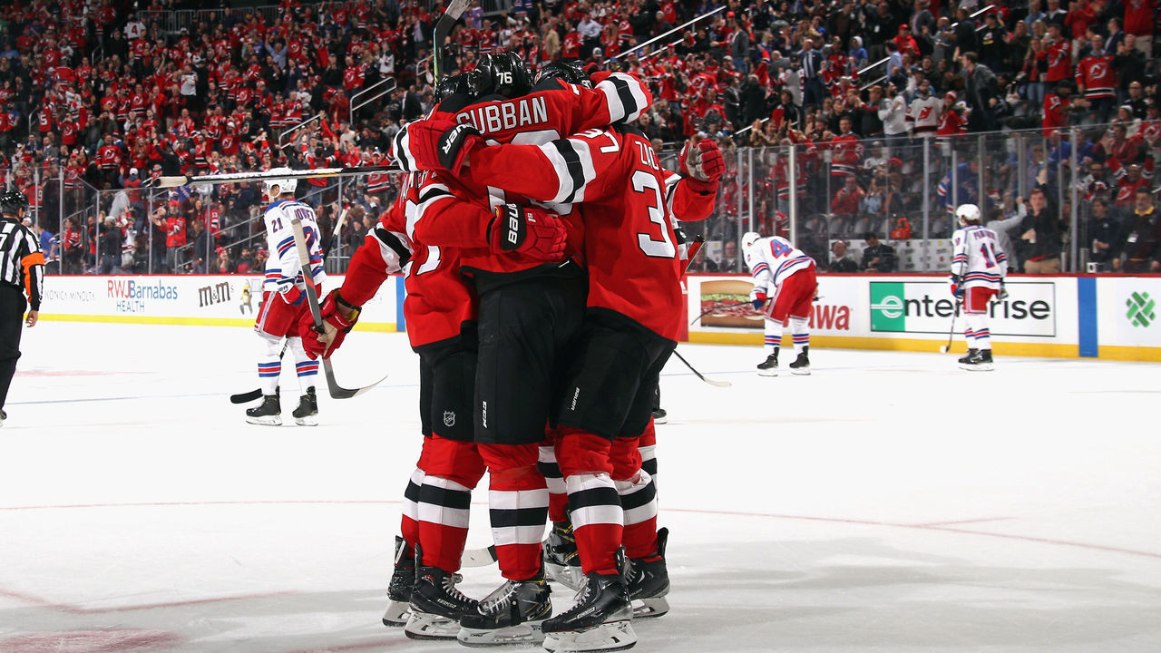 NEWARK, NEW JERSEY - OCTOBER 17: P.K. Subban #76 of the New Jersey Devils celebrates his empty net goal at 19:12 of the third period against the New York Rangers at the Prudential Center on October 17, 2019 in Newark, New Jersey. The Devils defeated the Rangers 5-2.