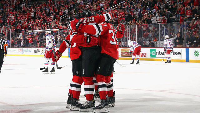 NEWARK, NEW JERSEY - OCTOBER 17: P.K. Subban #76 of the New Jersey Devils celebrates his empty net goal at 19:12 of the third period against the New York Rangers at the Prudential Center on October 17, 2019 in Newark, New Jersey. The Devils defeated the Rangers 5-2.