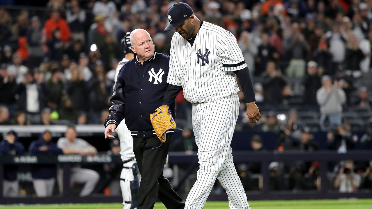 NEW YORK, NEW YORK - OCTOBER 17: CC Sabathia #52 of the New York Yankees walks off the field as he comes out of the game against the Houston Astros during the eighth inning in game four of the American League Championship Series at Yankee Stadium on October 17, 2019 in New York City.