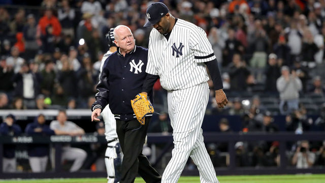 NEW YORK, NEW YORK - OCTOBER 17: CC Sabathia #52 of the New York Yankees walks off the field as he comes out of the game against the Houston Astros during the eighth inning in game four of the American League Championship Series at Yankee Stadium on October 17, 2019 in New York City.