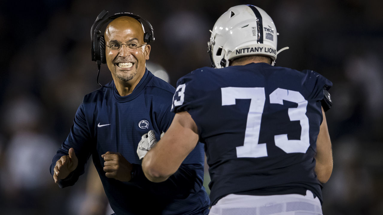 STATE COLLEGE, PA - SEPTEMBER 07: Head coach James Franklin celebrates with Mike Miranda #73 of the Penn State Nittany Lions during the second half of the game against the Buffalo Bulls at Beaver Stadium on September 07, 2019 in State College, Pennsylvania.
