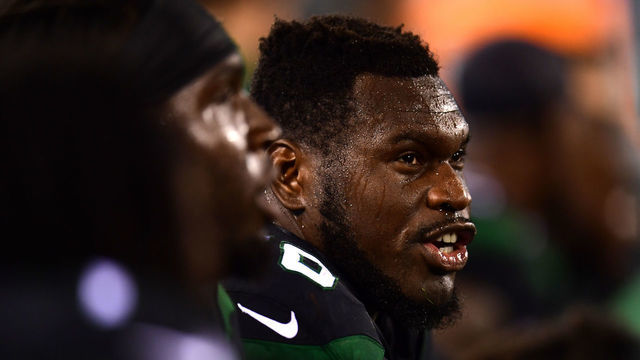 EAST RUTHERFORD, NEW JERSEY - SEPTEMBER 16: Kelechi Osemele #70 of the New York Jets sits on the sidelines during their game against the Cleveland Browns at MetLife Stadium on September 16, 2019 in East Rutherford, New Jersey.
