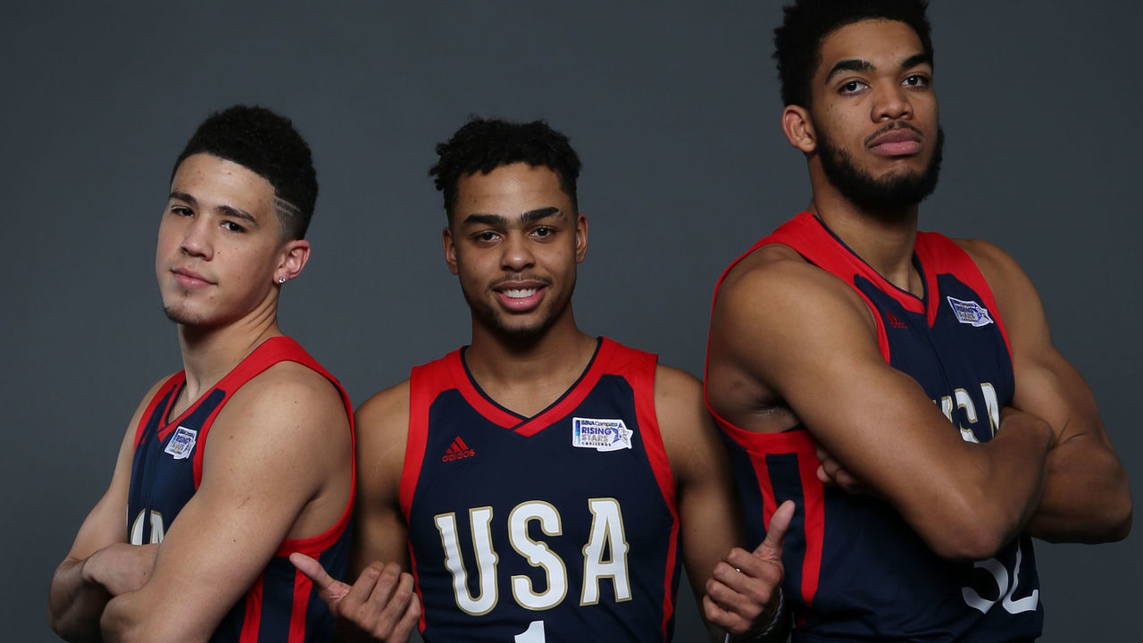 NEW ORLEANS, LA - FEBRUARY 17: (L-R) Devin Booker #1, D'Angelo Russell #1 and Karl-Anthony Towns #32 of the U.S. Team pose for a portrait prior to the BBVA Compass Rising Stars Challenge on February 17, 2017 at Smoothie King Center in New Orleans, Louisiana. Mandatory Copyright Notice: Copyright 2017 NBAE