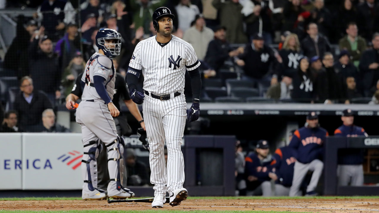 NEW YORK, NEW YORK - OCTOBER 18: Aaron Hicks #31 of the New York Yankees hits a three run home run against Justin Verlander #35 of the Houston Astros during the first inning in game five of the American League Championship Series at Yankee Stadium on October 18, 2019 in New York City.