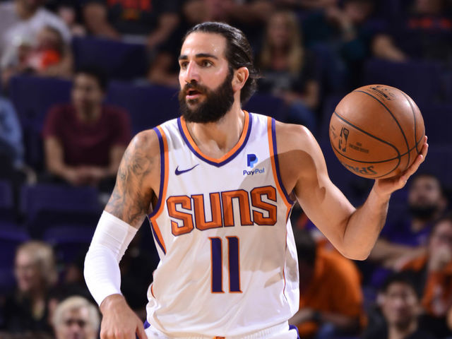 PHOENIX, AZ - OCTOBER 14: Ricky Rubio #11 of the Phoenix Suns handles the ball against the Denver Nuggets during a pre-season game on October 14, 2019 at Talking Stick Resort Arena. Mandatory Copyright Notice: Copyright 2019 NBAE