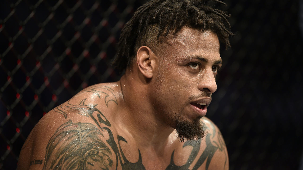 BOSTON, MASSACHUSETTS - OCTOBER 18: Greg Hardy reacts after his decision victory over Ben Sosoli in their heavyweight bout during the UFC Fight Night event at TD Garden on October 18, 2019 in Boston, Massachusetts.