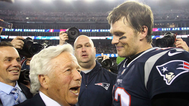 FOXBOROUGH, MA - JANUARY 21: Tom Brady #12 of the New England Patriots celebrates with owner Robert Kraft after winning the AFC Championship Game against the Jacksonville Jaguars at Gillette Stadium on January 21, 2018 in Foxborough, Massachusetts.