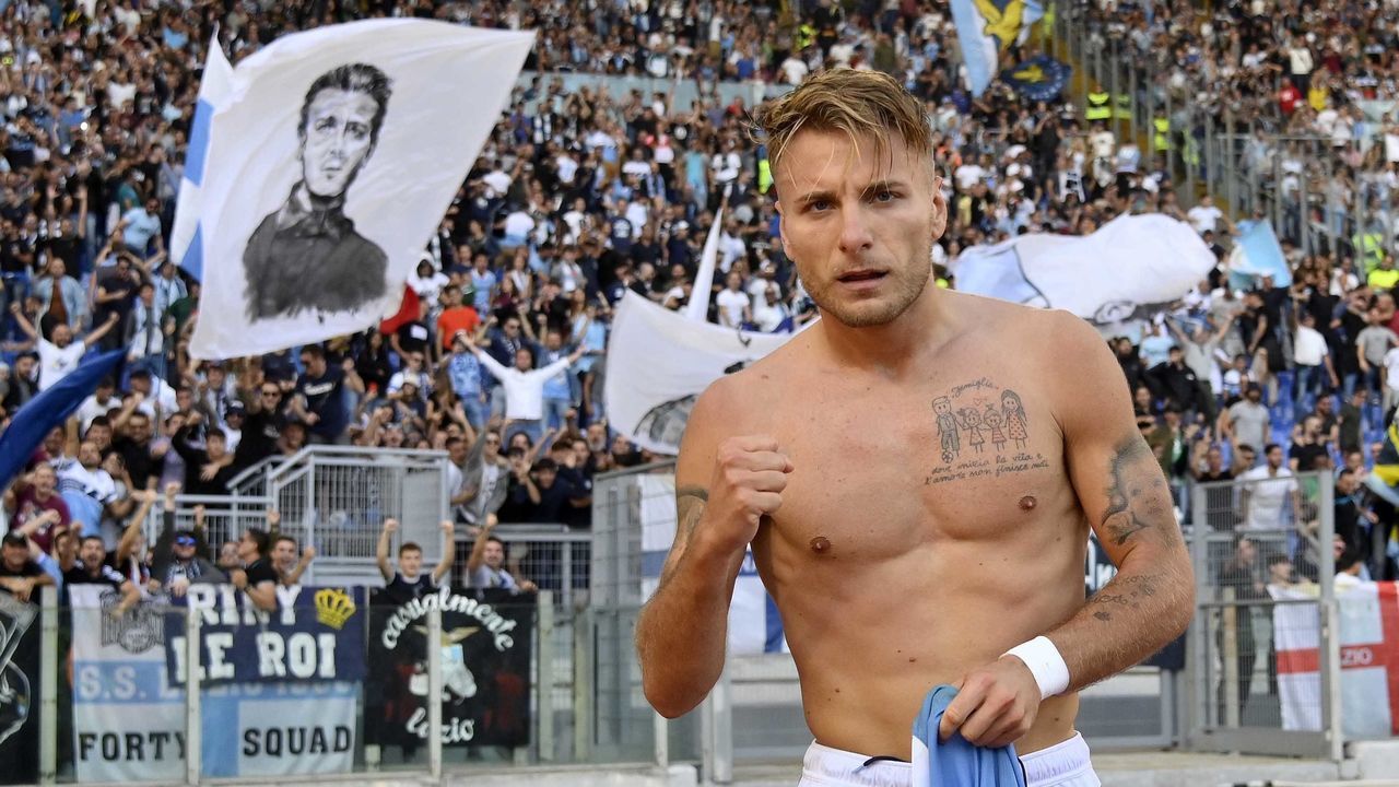 ROME, ITALY - OCTOBER 19: Ciro Immobile of SS Lazio celebrates after scoring the third goal of his team via penalty during the Serie A match between SS Lazio and Atalanta BC at Stadio Olimpico on October 19, 2019 in Rome, Italy.