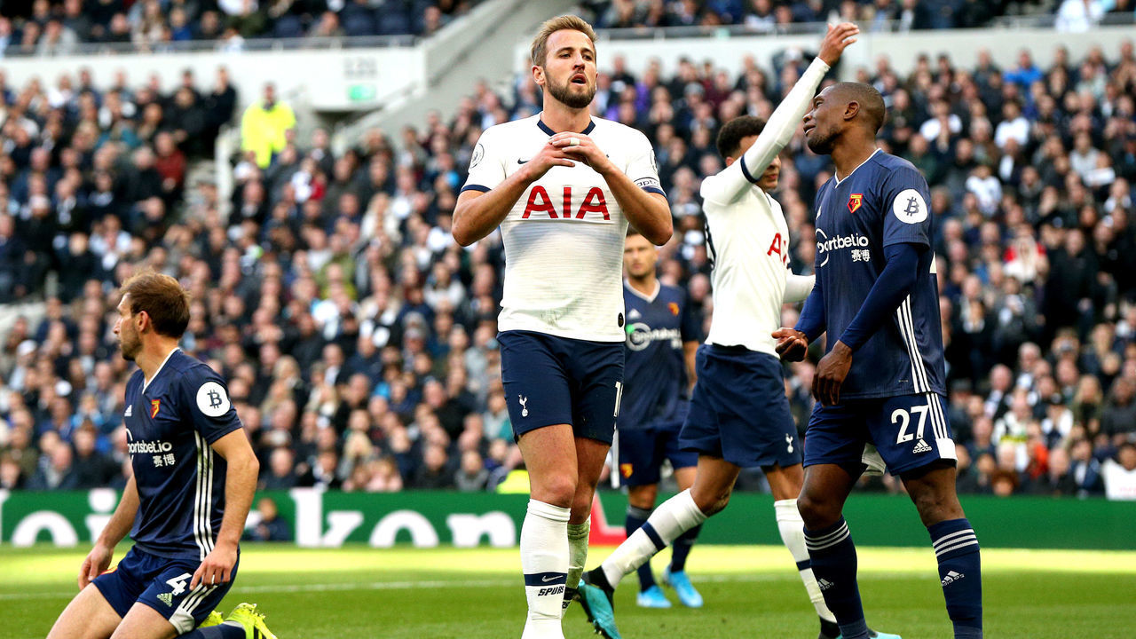 Tottenham Hotspur's Harry Kane reacts during the Premier League match at Tottenham Hotspur Stadium, London.