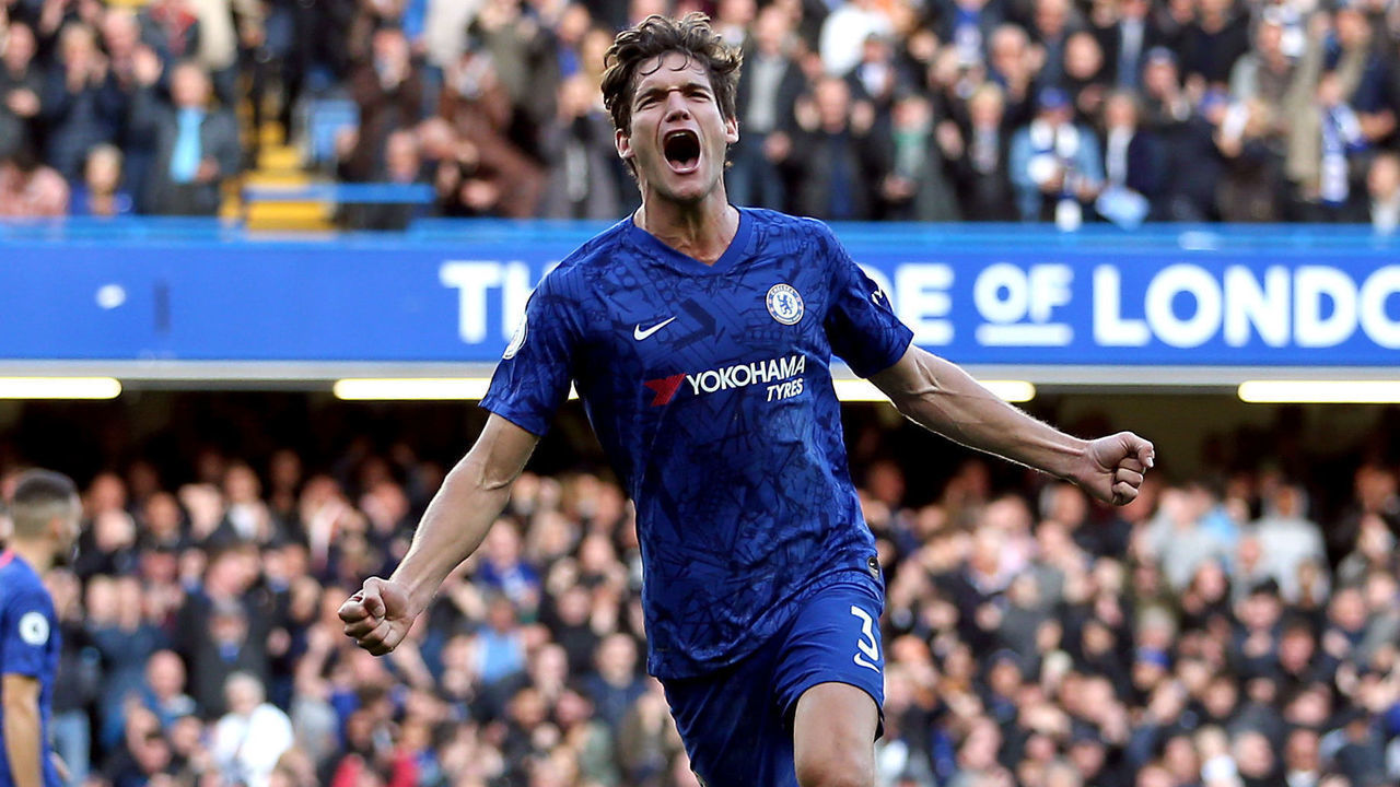 Chelsea's Marcos Alonso celebrates scoring his side's first goal of the game during the Premier League match at Stamford Bridge, London.