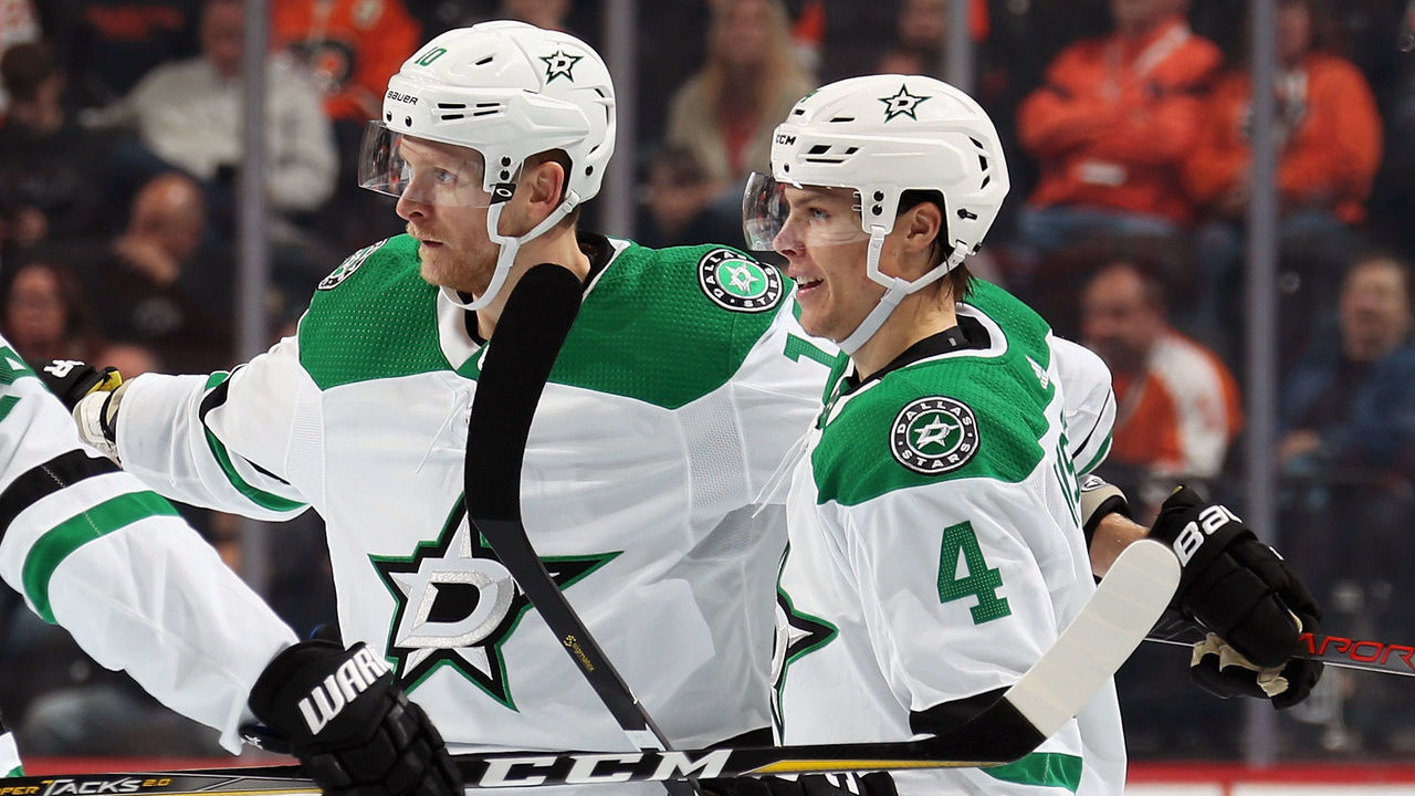 PHILADELPHIA, PA - OCTOBER 19: Corey Perry #10 of the Dallas Stars celebrates his third period goal against the Philadelphia Flyers with Miro Heiskanen #4 and Roope Hintz #24 on October 19, 2019 at the Wells Fargo Center in Philadelphia, Pennsylvania.