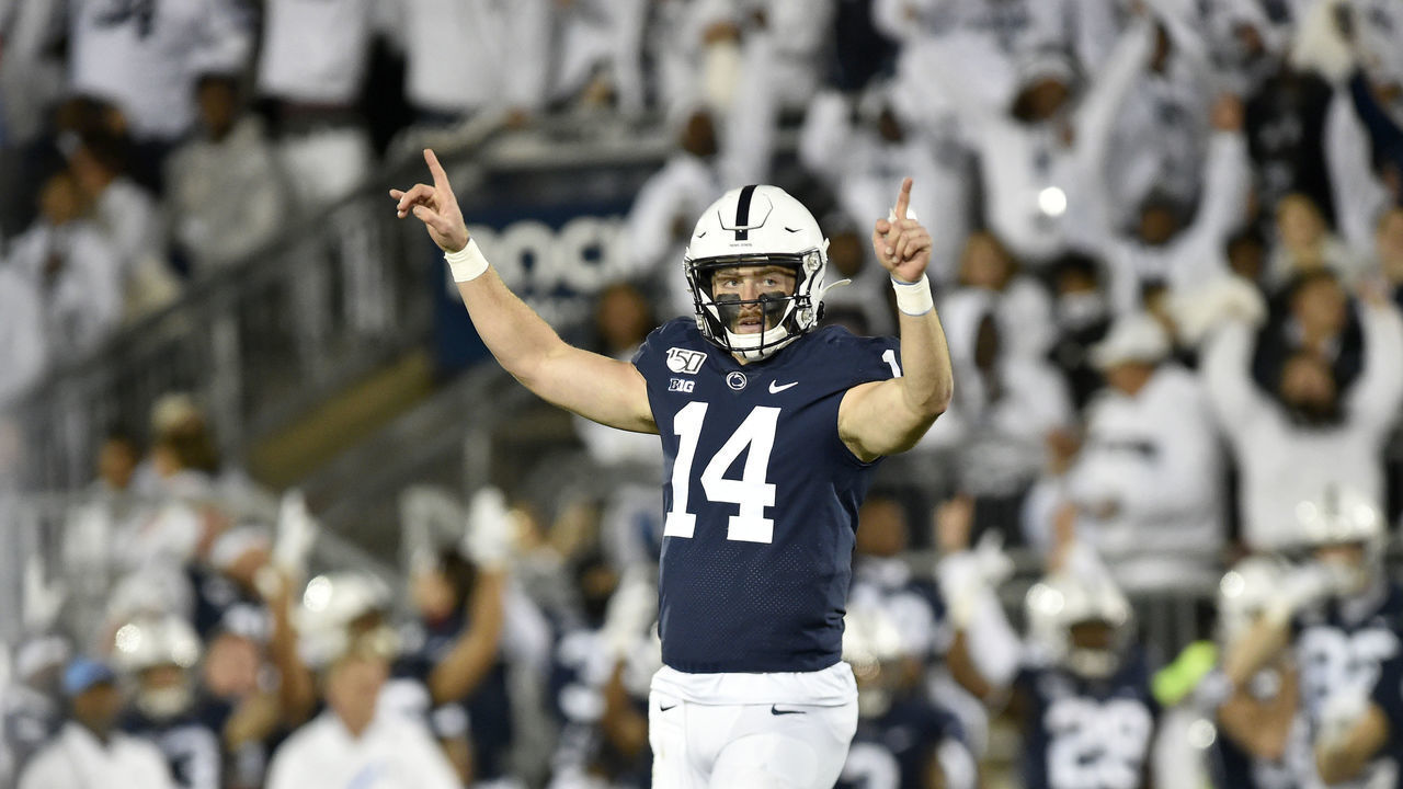 UNIVERSITY PARK, PA - OCTOBER 19: Penn State QB Sean Clifford (14) celebrates after a touchdown pass during the Michigan Wolverines vs. the Penn State Nittany Lions on October 19, 2019 at Beaver Stadium in University Park, PA.