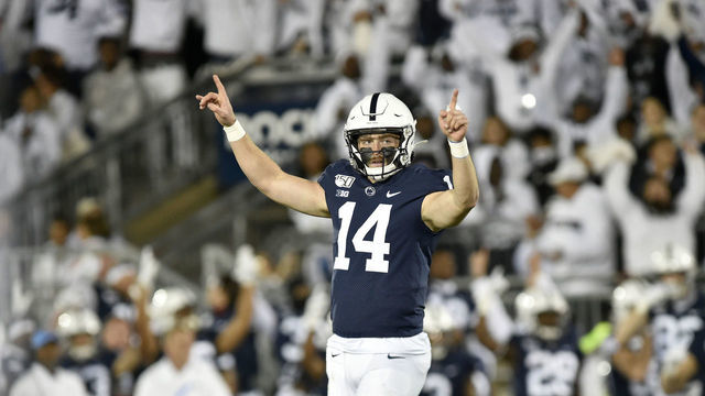 UNIVERSITY PARK, PA - OCTOBER 19: Penn State QB Sean Clifford (14) celebrates after a touchdown pass during the Michigan Wolverines vs. the Penn State Nittany Lions on October 19, 2019 at Beaver Stadium in University Park, PA.