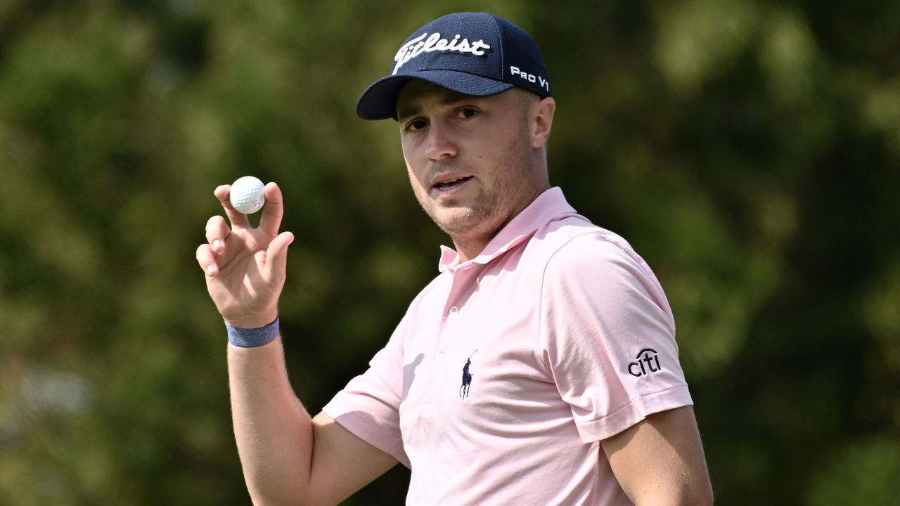Justin Thomas of the US reacts after a birdie putt on the 8th green during the final round of the CJ Cup golf tournament at Nine Bridges golf club in Jeju Island on October 20, 2019.
