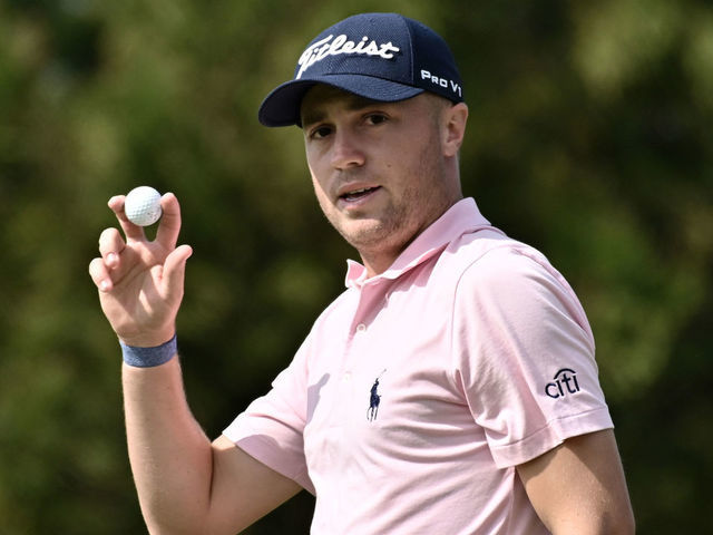 Justin Thomas of the US reacts after a birdie putt on the 8th green during the final round of the CJ Cup golf tournament at Nine Bridges golf club in Jeju Island on October 20, 2019.