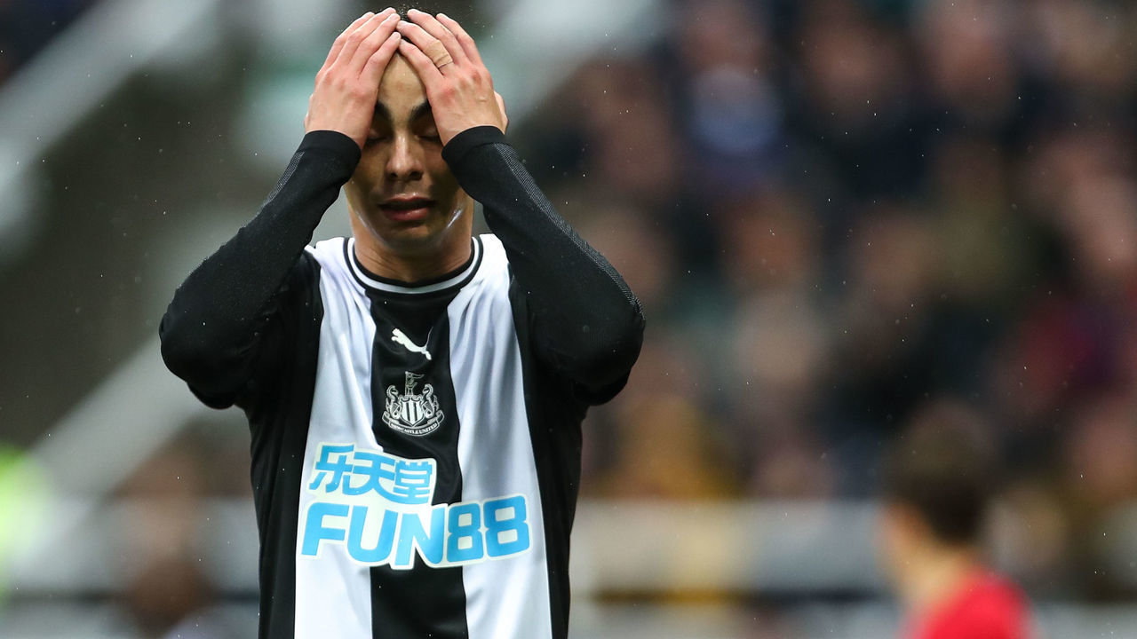 NEWCASTLE UPON TYNE, ENGLAND - OCTOBER 06: Miguel Almiron of Newcastle United reacts during the Premier League match between Newcastle United and Manchester United at St. James Park on October 6, 2019 in Newcastle upon Tyne, United Kingdom.