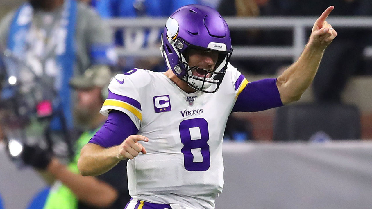 DETROIT, MICHIGAN - OCTOBER 20: Kirk Cousins #8 of the Minnesota Vikings reacts to a late fourth quarter touchdown run by Dalvin Cook #33 to seal the game against the Detroit Lions at Ford Field on October 20, 2019 in Detroit, Michigan.