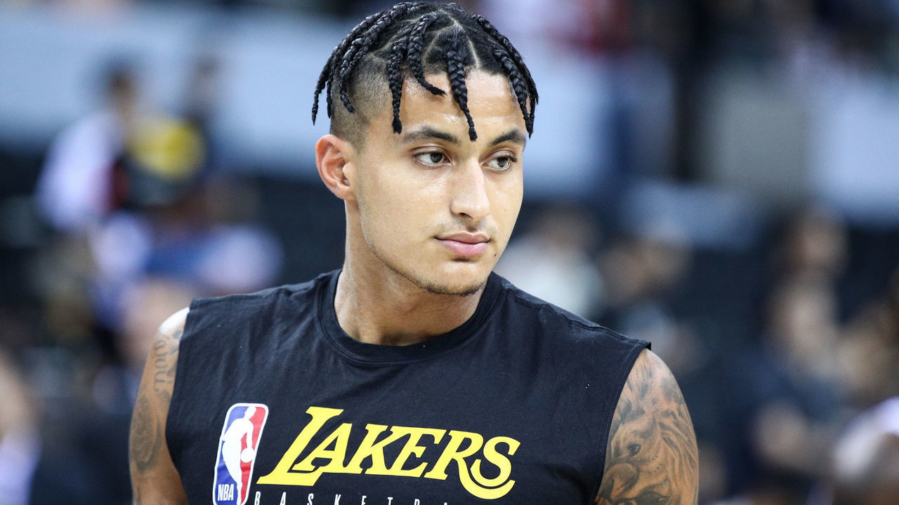 SHENZHEN, CHINA - OCTOBER 12: #0 Kyle Kuzma of the Los Angeles Lakers looks on before the match against the Brooklyn Nets during a preseason game as part of 2019 NBA Global Games China at Shenzhen Universiade Center on October 12, 2019 in Shenzhen, Guangdong, China.