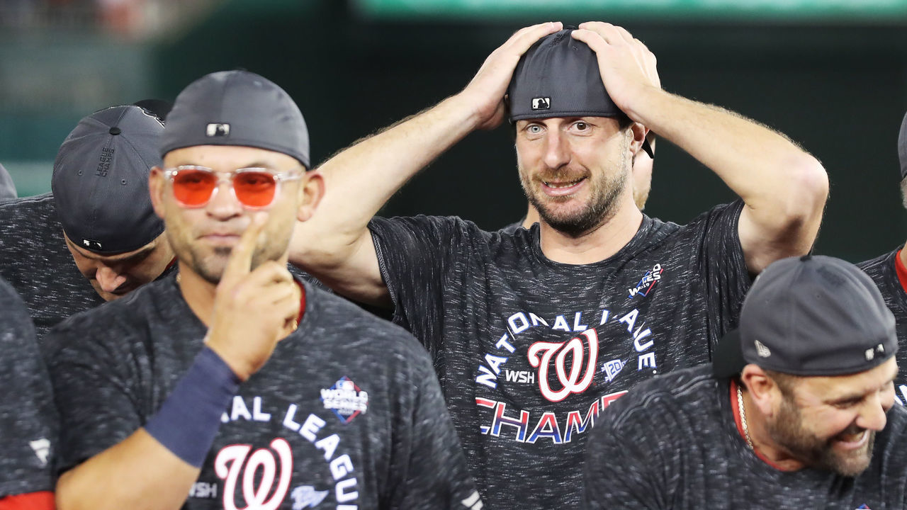 WASHINGTON, DC - OCTOBER 15: Max Scherzer #31 of the Washington Nationals celebrates winning game four and the National League Championship Series against the St. Louis Cardinals at Nationals Park on October 15, 2019 in Washington, DC.