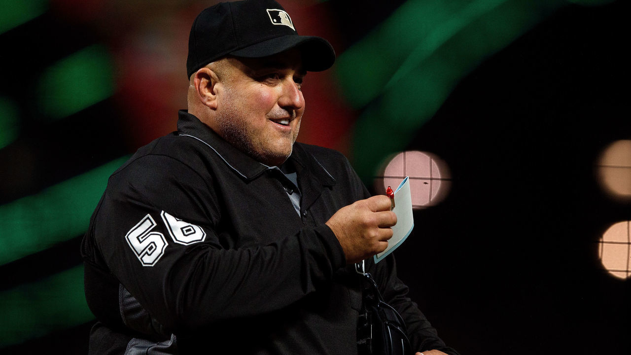 SAN FRANCISCO, CA - JUNE 07: MLB umpire Eric Cooper #56 stands on the field during the eighth inning between the San Francisco Giants and the Los Angeles Dodgers at Oracle Park on June 7, 2019 in San Francisco, California. The San Francisco Giants defeated the Los Angeles Dodgers 2-1.