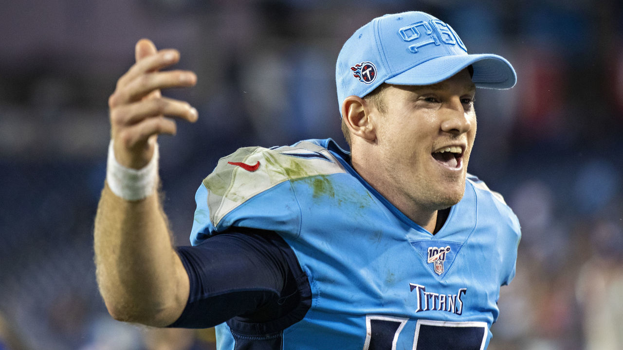 NASHVILLE, TN - OCTOBER 20: Ryan Tannehill #17 of the Tennessee Titans jogs off the field with a big smile after a game against the Los Angeles Chargers at Nissan Stadium on October 20, 2019 in Nashville, Tennessee. The Titans defeated the Chargers 23-20.