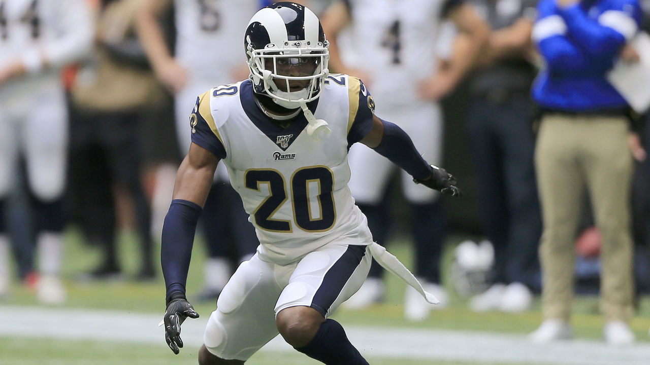ATLANTA, GA - OCTOBER 20: Los Angeles Rams Cornerback Jalen Ramsey (20) during the NFL regular season game between the Atlanta Falcons and the Los Angeles Rams on October 20, 2019 at the Mercedes-Benz Stadium in Atlanta, Georgia.