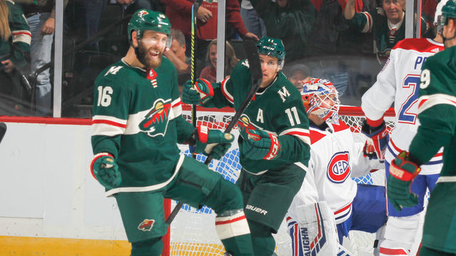 SAINT PAUL, MN - OCTOBER 20: Jason Zucker #16 of the Minnesota Wild celebrates after scoring a goal against the Montreal Canadiens during the game at the Xcel Energy Center on October 20, 2019 in Saint Paul, Minnesota.