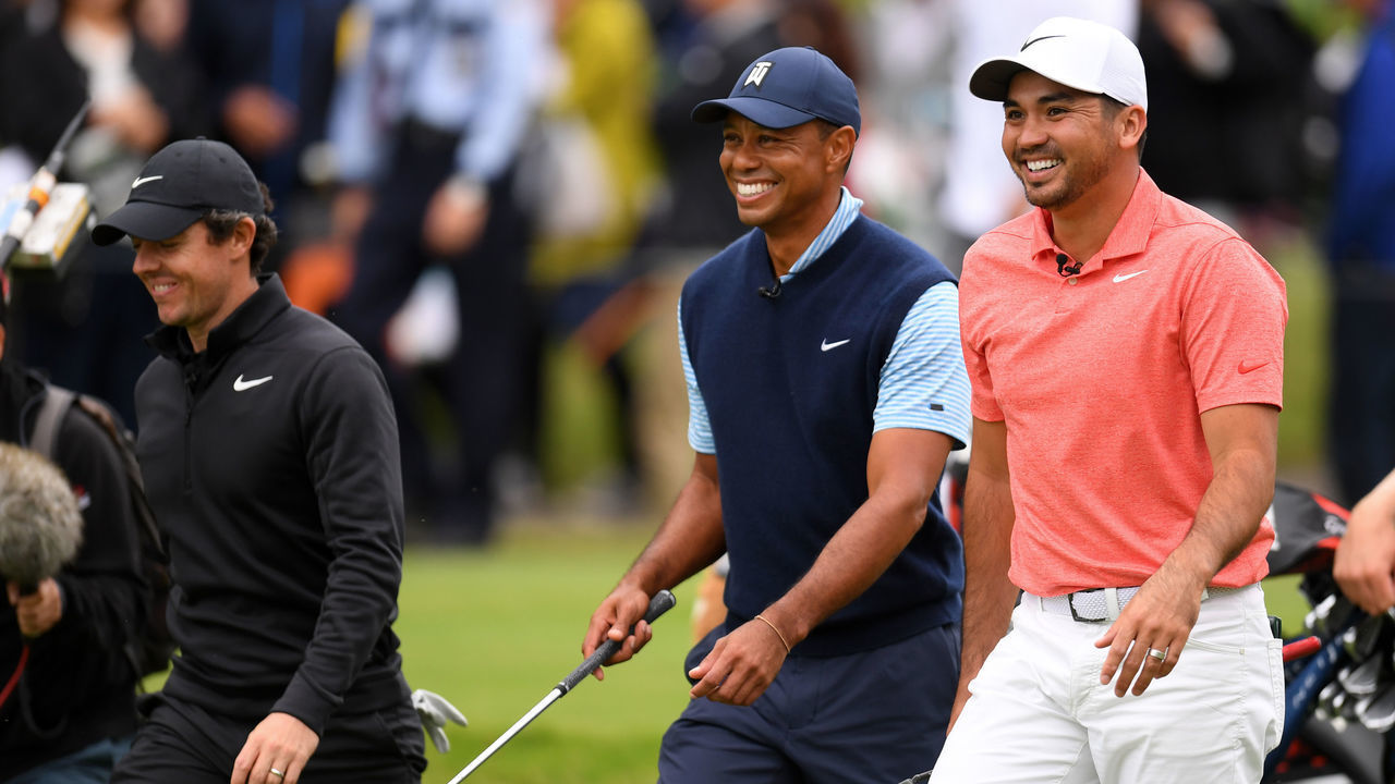 INZAI, JAPAN - OCTOBER 21: (L to R) Rory McIlroy of Northern Ireland, Tiger Woods of the United States and Jason Day of Australia share a laugh on the 3rd hole during The Challenge: Japan Skins at Accordia Golf Narashino Country Club on October 21, 2019 in Inzai, Chiba, Japan.