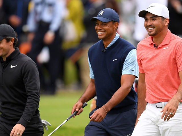 INZAI, JAPAN - OCTOBER 21: (L to R) Rory McIlroy of Northern Ireland, Tiger Woods of the United States and Jason Day of Australia share a laugh on the 3rd hole during The Challenge: Japan Skins at Accordia Golf Narashino Country Club on October 21, 2019 in Inzai, Chiba, Japan.