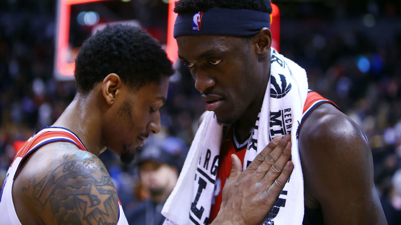 TORONTO, ON - FEBRUARY 13: Pascal Siakam #43 of the Toronto Raptors is praised by Bradley Beal #3 of the Washington Wizards after a career high 44 points following an NBA game at Scotiabank Arena on February 13, 2019 in Toronto, Canada.