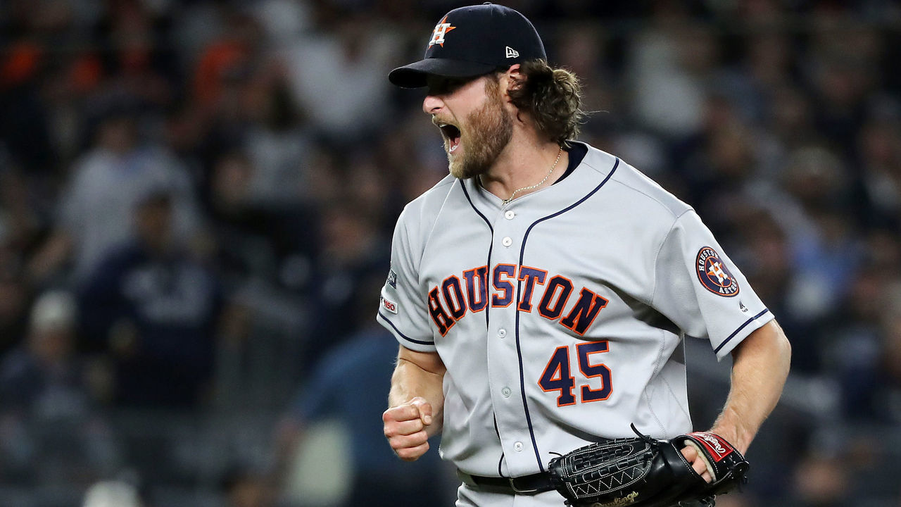 NEW YORK, NEW YORK - OCTOBER 15: Gerrit Cole #45 of the Houston Astros celebrates retiring the side during the sixth inning against the New York Yankees in game three of the American League Championship Series at Yankee Stadium on October 15, 2019 in New York City.