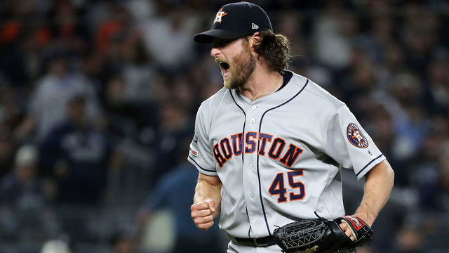 NEW YORK, NEW YORK - OCTOBER 15: Gerrit Cole #45 of the Houston Astros celebrates retiring the side during the sixth inning against the New York Yankees in game three of the American League Championship Series at Yankee Stadium on October 15, 2019 in New York City.