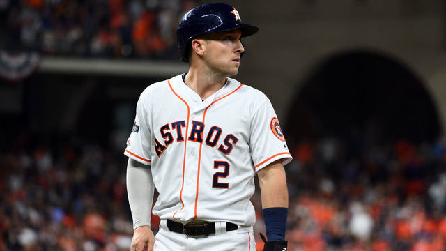 HOUSTON, TX - OCTOBER 12: Alex Bregman #2 of the Houston Astros reacts to being thrown out at first base by Aaron Judge #99 of the New York Yankees in the fifth inning during Game 1 of the ALCS between the New York Yankees and the Houston Astros at Minute Maid Park on Saturday, October 12, 2019 in Houston, Texas.