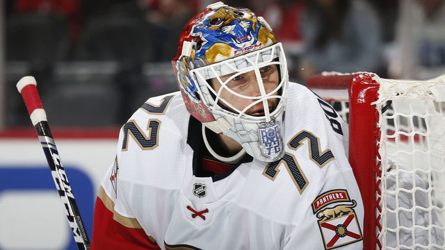 NEWARK, NJ- OCTOBER 14: Sergei Bobrovsky #72 of the Florida Panthers defends his net against the New Jersey Devils during the game on October 14, 2019 at Prudential Center in Newark, New Jersey.